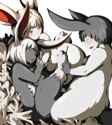 Rule 34 | animal hands, blush, breath, furry, group sex, multicolored hair, no humans, nude, open mouth, red eyes, sex, shi yusu, threesome