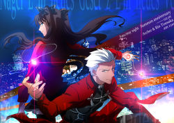 Rule 34 | 1boy, 1girl, anniversary, archer (fate), black bow, black hair, black skirt, blue eyes, bow, character name, cityscape, closed mouth, copyright name, fate/stay night, fate (series), grey eyes, hair bow, highres, jewelry, karasaki, long hair, pendant, red shirt, shirt, skirt, smile, tohsaka rin, two side up, white hair