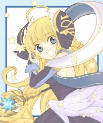Rule 34 | 1girl, 8bupolbwaxx2mve, ahoge, blonde hair, blue eyes, cardcaptor sakura, dragalia lost, dress, fake horns, highres, holding, holding staff, horns, long hair, looking at viewer, looking to the side, open mouth, parody, solo, staff, star (symbol), style parody, upper body, very long hair, zena (dragalia lost)