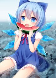 Rule 34 | 1girl, amashiro natsuki, bad id, bad pixiv id, blue dress, blue eyes, blue hair, bow, cirno, dress, eating, food, food on face, fruit, gradient background, hair bow, highres, ice, ice wings, matching hair/eyes, open mouth, sitting, solo, touhou, water, watermelon, wings