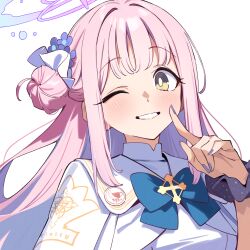 Rule 34 | 1girl, badge, blue archive, blue bow, blue bowtie, blush, bow, bowtie, button badge, capelet, commentary, dress, fingernails, flower, grin, hair bun, hair flower, hair ornament, hair ribbon, halo, highres, index finger raised, long hair, looking at viewer, mika (blue archive), nail art, nail polish, one eye closed, pink hair, pink halo, portrait, print capelet, print scrunchie, purple flower, purple nails, purple scrunchie, ribbon, scrunchie, simple background, single side bun, smile, solo, starry sky print, teeth, trinity general school logo, white background, white capelet, white dress, white ribbon, wrist scrunchie, xiaoxiao de kuangsan, yellow eyes