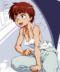 Rule 34 | 1girl, :d, bad id, bad twitter id, blue eyes, breasts, cleavage, clenched hands, female focus, funnyari, izumi noa, jumpsuit, jumpsuit around waist, kidou keisatsu patlabor, medium breasts, monochrome background, no bra, open mouth, red hair, short hair, smile, solo, tank top, white tank top