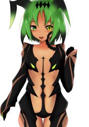 Rule 34 | 1girl, antennae, bad id, bad pixiv id, black hair, black sclera, blush, cain (inosennto007), carapace, center opening, colored sclera, dark-skinned female, dark skin, facial tattoo, flat chest, gloves, green eyes, green hair, heterochromia, highres, kamoana (tales), mismatched sclera, kamoana (tales), monster girl, multicolored hair, open mouth, short hair, simple background, solo, tales of (series), tales of berseria, tattoo, teeth, two-tone hair, white background