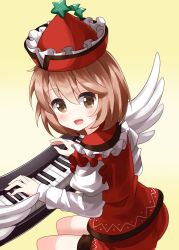 Rule 34 | 1girl, brown eyes, brown hair, falling star, frilled hat, frills, hat, hat ornament, highres, instrument, keyboard (instrument), long sleeves, looking at viewer, lyrica prismriver, medium hair, music, playing instrument, red hat, red skirt, red vest, ruu (tksymkw), shirt, simple background, sitting, skirt, skirt set, solo, touhou, vest, white shirt, white wings, wings, yellow background