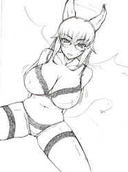 Rule 34 | 1girl, bow, bow bra, bra, breasts, glasses, greyscale, horns, huge breasts, lace, lace-trimmed bra, lace-trimmed legwear, lace-trimmed panties, lace trim, large breasts, lingerie, monochrome, nama ham (hatsuyuki), original, panties, solo, thighhighs, underwear, underwear only