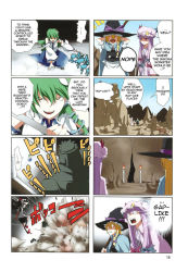 Rule 34 | 3girls, 4koma, blonde hair, blue bow, blue dress, blue ribbon, bow, braid, comic, crescent, crescent hair ornament, detached sleeves, dress, explosion, female focus, frilled dress, frilled sleeves, frills, frog, golem, green hair, hair ornament, hair ribbon, hard-translated, hat, hat ribbon, highres, japanese clothes, jitome, kirisame marisa, kochiya sanae, long hair, miko, mountain of faith, multiple 4koma, multiple girls, open mouth, pageratta, pajamas, patchouli knowledge, purple eyes, purple hair, purple ribbon, red bow, red ribbon, ribbon, shameimaru aya, smile, snake, striped, embodiment of scarlet devil, third-party edit, touhou, translated, witch, witch hat, yellow eyes