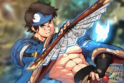Rule 34 | 1boy, abs, artist name, black gloves, black hair, blue headband, blurry, blurry background, brown eyes, closed mouth, fingerless gloves, glasses, gloves, guilty gear, guilty gear strive, hand fan, headband, highres, holding, holding fan, holding weapon, large pectorals, male focus, mito anji, muscular, muscular male, navel, pectorals, round eyewear, short hair, solo, spunkyramaz, weapon, wide sleeves