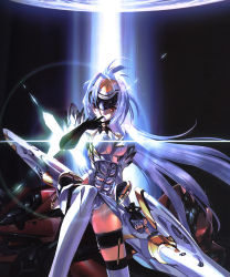 Rule 34 | 00s, 1girl, ahoge, android, armor, blue hair, breastplate, bridal garter, choco (chocolate shop), elbow gloves, expressionless, finger in own mouth, fingerless gloves, floating hair, forehead protector, gloves, hair intakes, headgear, kos-mos, light, long hair, looking at viewer, mecha musume, nail polish, purple nails, red eyes, silver hair, solo, standing, standing on one leg, thighhighs, very long hair, weapon, xenosaga, xenosaga episode i