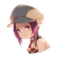 Rule 34 | 1girl, warrior of light (ff14), choker, cropped torso, earrings, final fantasy, final fantasy xiv, goggles, goggles around neck, hat, jewelry, kochiya (gothope), lalafell, looking at viewer, pointy ears, purple eyes, purple hair, short hair, sleeveless, solo, upper body, white background