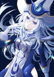 1girl blue_dress dress duel_monster gloves grey_hair hair_between_eyes hat hip_vent long_hair looking_at_viewer memosk14 purple_eyes silent_magician tabard white_gloves white_hat white_tabard wizard_hat yu-gi-oh!