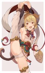 Rule 34 | :3, andira (granblue fantasy), armpits, ass, barefoot, blonde hair, breasts, cleavage cutout, clothing cutout, commentary request, detached sleeves, fang, flexible, granblue fantasy, gymnastics, head tilt, hinami (hinatamizu), leotard, long sleeves, looking at viewer, monkey tail, neck ribbon, open mouth, red eyes, red ribbon, ribbon, short hair, sideboob, sidelocks, small breasts, smile, solo, split, standing, standing on one leg, standing split, tail, two side up, white leotard, wide sleeves