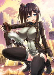 Rule 34 | 10s, 1girl, akanagi youto, bad id, bad pixiv id, black footwear, black thighhighs, blue eyes, blush, bodysuit, boots, breasts, fingerless gloves, gloves, god eater, god eater 2: rage burst, kneeling, large breasts, long sleeves, no panties, on one knee, player (god eater 2), pussy, skin tight, smile, solo, thigh boots, thighhighs, underwear, weapon