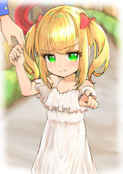 Rule 34 | 1girl, 1other, absurdres, arm up, blonde hair, bow, child, dress, green eyes, hair bow, highres, holding hands, long hair, looking at viewer, original, outdoors, pointing, pout, ribbon, shou zong, slide, sundress, twintails, white dress