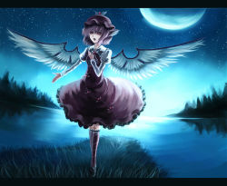 Rule 34 | 1girl, :o, animal ears, arm garter, bad id, bad pixiv id, dress, female focus, forest, full moon, grass, hand on own chest, hat, kneehighs, lake, letterboxed, long sleeves, moon, moonlight, music, mystia lorelei, nature, night, night sky, open mouth, parsley-f, pink eyes, pink hair, puffy sleeves, shoes, short hair, singing, sky, socks, solo, touhou, tree, water, wings