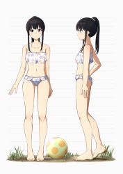 Rule 34 | 1girl, absurdres, alternate hairstyle, ball, barefoot, beachball, bikini, black hair, breasts, cleavage, closed mouth, collarbone, commentary request, dirty, dirty feet, feet, floral print, frilled bikini, frills, from side, grass, green scrunchie, hair ornament, hair scrunchie, highres, inoue takina, legs, long hair, looking at viewer, lycoris recoil, multiple views, navel, ponytail, print bikini, purple eyes, resolution mismatch, revision, scrunchie, sidelocks, simple background, small breasts, source smaller, standing, swimsuit, tbear, toes, white background, white bikini