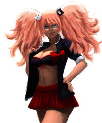 Rule 34 | bear hair ornament, black shirt, blonde hair, blue eyes, bow, bow bra, bowtie, bra, breasts, cleavage, collared shirt, danganronpa: trigger happy havoc, danganronpa (series), dudeunderscore, enoshima junko, eyebrows hidden by hair, frilled bra, frills, grin, hair ornament, hand on own hip, highres, lipstick, long eyelashes, looking at viewer, looking down, makeup, navel, nose, open clothes, open mouth, open shirt, partially undressed, pleated skirt, red bow, red lips, red skirt, removing shirt, shirt, simple background, skirt, smile, standing, striped bra, striped clothes, teeth, thighs, toothy grin, underwear, white background