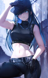 Rule 34 | 1girl, absurdres, arm up, bare shoulders, baseball cap, belt, black belt, black gloves, black hair, black hat, black pants, black shirt, blue archive, blue eyes, blue hair, breasts, buckle, chest harness, commentary request, cowboy shot, crop top, cropped shirt, gloves, groin, hair over one eye, halo, hand on headwear, harness, hat, hat over one eye, highres, long hair, looking at viewer, medium breasts, midriff, navel, no mask, outdoors, pants, parted lips, partial commentary, saori (blue archive), saya kuroha, shirt, sleeveless, sleeveless shirt, snap-fit buckle, solo, standing, underbust