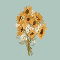 Rule 34 | blue background, bouquet, commentary, daisy, english commentary, flower, highres, leaf, libbyframe, no humans, original, plant, signature, simple background, still life, sunflower, white flower, yellow flower