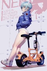 Rule 34 | 1girl, ass, ayanami rei, black jacket, blue hair, blush, full body, hairpods, hands in pockets, highleg, highleg leotard, highres, interface headset, jacket, kneepits, leaning against motorcycle, legs, leotard, leotard under clothes, looking at viewer, looking to the side, motor vehicle, neon genesis evangelion, nerv, profile, red eyes, retrovenus, scooter, shoes, short hair, sitting, sneakers, solo, thighs, wall