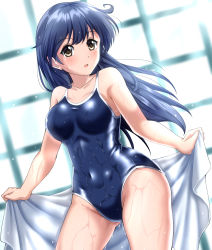 Rule 34 | 1girl, ahoge, blue hair, blue one-piece swimsuit, blush, breasts, brown eyes, collarbone, competition school swimsuit, covered navel, cowboy shot, dutch angle, hair between eyes, indoors, kantai collection, light rays, long hair, looking at viewer, medium breasts, one-piece swimsuit, open mouth, pool, rei no pool, school swimsuit, shiny clothes, solo, standing, sunbeam, sunlight, swimsuit, towel, ushio (kancolle), wet, wet clothes, wet swimsuit, white towel, zanntetu