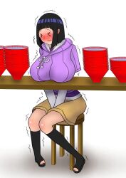 Rule 34 | &gt; &lt;, 1girl, animated, between legs, black hair, blunt bangs, blush, boruto: naruto next generations, bowl, breast rest, breasts, brown shorts, female focus, hand between legs, have to pee, huge breasts, hyuuga hinata, looping animation, naruto (series), nokironokii, peeing, short hair, shorts, simple background, sitting, solo, stool, sweat, table, trembling, video, wavy mouth, white background