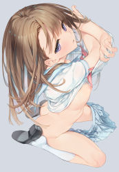 Rule 34 | 1girl, absurdres, ass, black footwear, blue sailor collar, blue skirt, bottomless, brown hair, butt crack, clothes lift, commentary request, duplicate, from above, full body, grey background, highres, jitome, lifting own clothes, loafers, long hair, neckerchief, original, parted lips, pink neckerchief, pleated skirt, purple eyes, sailor collar, school uniform, serafuku, shirt, shirt lift, shoes, sidelocks, simple background, sitting, skindentation, skirt, skirt around one leg, sleeve cuffs, socks, solo, tatami to hinoki, thighs, undressing, white shirt, white socks