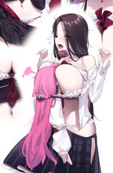 Rule 34 | 2girls, absurdres, ako ko (yaguo), between breasts, black skirt, blue skirt, blush, bra, breasts, brown hair, closed eyes, clothes pull, height difference, highres, large breasts, long hair, multiple girls, multiple views, open mouth, original, panties, pink hair, pity (yaguo), plaid, plaid skirt, pleated skirt, red bra, red panties, shirt, simple background, skirt, skirt pull, standing, tears, underwear, white background, white shirt, yaguo, yuri