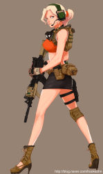 Rule 34 | 1girl, assault rifle, breasts, carbine, female focus, full body, gun, highres, legs, m16, m4 carbine, military, rifle, simple background, solo, standing, weapon