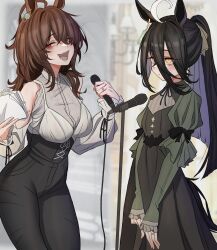 Rule 34 | 2girls, :d, absurdres, agnes tachyon (umamusume), ahoge, animal ears, black dress, black hair, black pants, breasts, brown hair, closed mouth, commentary request, dress, hair between eyes, highres, holding, holding microphone, horse ears, horse girl, horse tail, leogust, long hair, looking at another, looking at viewer, manhattan cafe (umamusume), medium breasts, microphone, multicolored hair, multiple girls, open mouth, pants, ponytail, red eyes, smile, streaked hair, tail, umamusume, white hair, yellow eyes