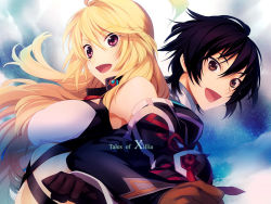 Rule 34 | 1boy, 1girl, :d, akiyoshi haru, black hair, blonde hair, breasts, brown eyes, copyright name, gloves, happy, jude mathis, locked arms, long hair, milla maxwell, open mouth, red eyes, shirt, sky, smile, strapless, tales of (series), tales of xillia, taut clothes, taut shirt, tube top