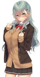 Rule 34 | 1girl, aqua eyes, aqua hair, bow, bowtie, brown jacket, brown legwear, brown skirt, cardigan, commentary request, contrapposto, hair ornament, hairclip, highres, jacket, kantai collection, long hair, looking at viewer, onineko-chan, open cardigan, open clothes, orange cardigan, pleated skirt, red bow, red bowtie, school uniform, simple background, skirt, solo, standing, suzuya (kancolle), vest, white background