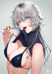 Rule 34 | 1girl, bikini, black bikini, black sweater, breasts, commentary, copyright request, grey background, grey eyes, hair over eyes, medium breasts, mole, mole under eye, nail polish, open mouth, red nails, silver hair, simple background, smile, solo, sweater, swimsuit, teeth, tongue, tongue out, tsukana (saba mizore), upper body, upper teeth only