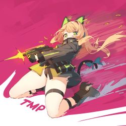 Rule 34 | 1girl, animal ear headphones, animal ears, boots, brown hair, bullet, cat ear headphones, character name, coat, covered mouth, fake animal ears, firing, girls&#039; frontline, gloves, green eyes, gun, headphones, highres, kneeling, long hair, looking at viewer, motion lines, name connection, ribbon, sh (shinh), simple background, solo, b&amp;t mp9, submachine gun, tail, tail ornament, tail ribbon, tmp (girls&#039; frontline), weapon