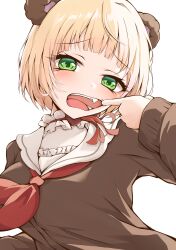 Rule 34 | 1girl, absurdres, animal ears, bear ears, blonde hair, brown cardigan, brown sweater, cardigan, commentary request, fang, finger in own mouth, frilled shirt collar, frills, green eyes, highres, hololive, iikiroro, long sleeves, looking at viewer, momosuzu nene, momosuzu nene (casual), mouth pull, neckerchief, official alternate costume, official alternate hair length, official alternate hairstyle, open mouth, red neckerchief, sailor collar, shirt, short hair, simple background, solo, sweater, teeth, upper body, virtual youtuber, white background, white sailor collar, white shirt