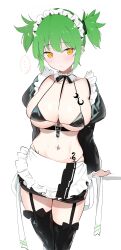 Rule 34 | ..., 1girl, absurdres, apron, bikini, bikini top only, black bikini, black ribbon, black skirt, black thighhighs, blush, breasts, cleavage, collarbone, crescent, detached collar, frilled apron, frills, garter straps, green hair, highres, hikage (senran kagura), juliet sleeves, large breasts, long sleeves, looking at viewer, maid headdress, mattyazuki, micro bikini, miniskirt, navel, neck ribbon, puffy sleeves, ribbon, senran kagura, short hair, short twintails, simple background, skindentation, skirt, solo, speech bubble, spoken ellipsis, swimsuit, thighhighs, twintails, waist apron, white apron, white background, yellow eyes