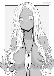 Rule 34 | 1girl, bikini, blush, breasts, dark-skinned female, dark skin, dated, grey background, greyscale, hair over breasts, highres, kichihachi, large breasts, long hair, looking at viewer, monochrome, original, simple background, solo, swimsuit, twitter username, two-tone background, upper body, white background