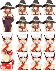 Rule 34 | 2girls, absurdres, at2., bare shoulders, black headwear, breasts, brown hair, cleavage, collarbone, expressions, grey eyes, hat, highres, large breasts, looking at viewer, minecraft, mooshroom, multiple girls, personification, potion, purple eyes, short hair, white hair, witch (minecraft), witch hat