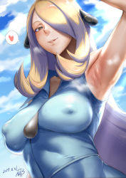 Rule 34 | 1girl, 2017, :d, arm up, armpits, bad id, bad pixiv id, bare shoulders, blonde hair, blue sky, blush, breasts, breasts apart, cloud, cloudy sky, colored skin, covered erect nipples, creatures (company), cynthia (pokemon), dated, day, game freak, grey eyes, hair ornament, hair over one eye, heart, heart-shaped pupils, highres, ikuchan kaoru, large breasts, long hair, looking at viewer, multicolored skin, nintendo, no bra, open mouth, pink lips, pokemon, pokemon (anime), pokemon bw (anime), pokemon dppt, seductive smile, shirt, sky, sleeveless, sleeveless shirt, smell, smile, solo, steam, sweat, symbol-shaped pupils, thought bubble, upper body, very long hair