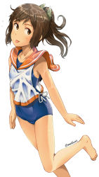 Rule 34 | 10s, 1girl, brown eyes, brown hair, highres, i-401 (kancolle), kantai collection, long hair, ponytail, sailor collar, sakura (medilore), simple background, solo, standing, standing on one leg, swimsuit, swimsuit under clothes, wet, wet clothes, white background