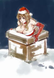 Rule 34 | bad id, bad pixiv id, blush, breasts, brown hair, chimney, choker, christmas, cleavage, elbow gloves, gloves, green eyes, hat, highres, killuapotter, large breasts, long hair, night, night sky, original, personification, red lips, santa hat, sketch, sky, snow, solo, stuck, teeth