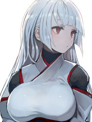 Rule 34 | 1girl, blunt bangs, bodysuit, bodysuit under clothes, breasts, highres, japanese clothes, kimono, large breasts, long hair, looking to the side, original, red eyes, silver hair, simple background, solo, straight hair, taishi (picchiridou), tsuru-chan, upper body, white background