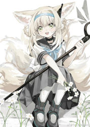 Rule 34 | 1girl, alternate costume, animal ears, arknights, black collar, black footwear, black skirt, blonde hair, blouse, blue hairband, blue neckerchief, character name, collar, earpiece, flower, fox ears, fox girl, fox tail, green eyes, hairband, highres, holding, holding flower, holding staff, infection monitor (arknights), kitsune, knees up, kyuubi, looking at viewer, multiple tails, neckerchief, open mouth, pantyhose, pleated skirt, red medicine, school uniform, shirt, sitting, skirt, solo, staff, suzuran (arknights), tail, twitter username, white flower, white pantyhose, white shirt