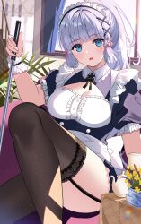 Rule 34 | 1girl, :o, absurdres, alternate costume, ayaka (genshin impact), black garter straps, black thighhighs, blue eyes, breasts, cleavage, commentary, dress, enmaided, frilled dress, frills, garter straps, genshin impact, hair ornament, highres, holding, indoors, knee up, lace, lace-trimmed legwear, lace trim, light particles, long hair, looking at viewer, maid, maid headdress, medium breasts, neck ribbon, plant, ponytail, potted plant, puffy short sleeves, puffy sleeves, rererere mon, ribbon, short sleeves, sidelocks, sitting, solo, teapot, thighhighs, thighs, white hair, window, wing collar, x hair ornament