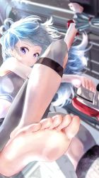 Rule 34 | absurdres, barefoot, blue eyes, blue hair, closed umbrella, cropped shirt, feet, foot focus, getto, grey pants, grey shirt, highres, holding shoe, hololive, hololive indonesia, kobo kanaeru, looking at viewer, multicolored hair, pants, leg up, shirt, soles, tight clothes, tight pants, toes, two-tone hair, umbrella, virtual youtuber, white hair