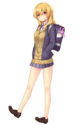 Rule 34 | 1girl, absurdres, bag, bag charm, blonde hair, blush, brown eyes, cardigan, charm (object), esoragoto, full body, hands in pockets, highres, jacket, loafers, long hair, looking at viewer, no socks, pleated skirt, rabbit ornament, school bag, shoes, simple background, skirt, smile, solo, sweater vest, white background