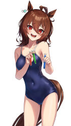 Rule 34 | 1girl, agnes tachyon (umamusume), ahoge, animal ears, blue one-piece swimsuit, breasts, brown hair, commentary request, covered navel, cowboy shot, hair between eyes, highres, holding, holding test tube, horse ears, horse girl, horse tail, looking at viewer, medium breasts, one-piece swimsuit, open mouth, partial commentary, partially submerged, red eyes, school swimsuit, short hair, simple background, solo, standing, swimsuit, tail, teeth, test tube, tks (526tks), tracen swimsuit, umamusume, white background