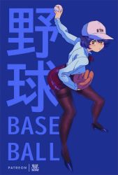 Rule 34 | 1girl, ball, baseball, baseball cap, baseball glove, blue background, blue hair, bluethebone, full body, gloves, hat, high heels, holding, holding ball, office lady, original, pantyhose, playing sports, red eyes, retro artstyle, short hair, simple background, skirt, solo, standing, thighband pantyhose