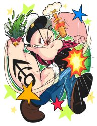 Rule 34 | 1boy, angry, gashi-gashi, hat, highres, male focus, muscular, one eye closed, popeye, popeye the sailor, punching, sailor, sailor hat, shoes, smoking pipe, solo, spinach