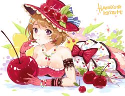 Rule 34 | 10s, 1girl, apring, armband, bad id, bad pixiv id, bare shoulders, bead bracelet, beads, blush, bow, bracelet, breasts, brown hair, character name, cherry, cherry earrings, cherry print, cleavage, clothes writing, dress, earrings, eyebrows, finger to mouth, flower, food, food-themed clothes, food-themed earrings, food print, food themed earrings, fruit, fruit background, gloves, grapes, hair ornament, hair stick, hairclip, hat, hat bow, hat ribbon, heart, in food, jewelry, koizumi hanayo, lace, lace-trimmed gloves, lace trim, large breasts, leaf, lemon, looking at viewer, love live!, love live! school idol festival, love live! school idol project, lying, necklace, on stomach, orange hair, oversized food, oversized object, partially submerged, pendant, print dress, purple eyes, red bow, red gloves, red hat, ribbon, short hair, solo, sparkle, strapless, strapless dress, striped clothes, striped gloves, swept bangs, thighhighs, vertical-striped clothes, vertical-striped gloves, water