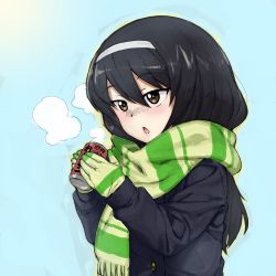 Rule 34 | 1girl, black hair, blue background, blue coat, blush, breath, brown eyes, can, chestnut mouth, coat, commentary, drink can, enpera, fringe trim, girls und panzer, gloves, green gloves, green scarf, hair between eyes, hairband, highres, holding, holding can, long hair, long sleeves, onsen tamago (hs egg), open mouth, reizei mako, scarf, soda can, solo, striped clothes, striped gloves, striped scarf, upper body, white hairband
